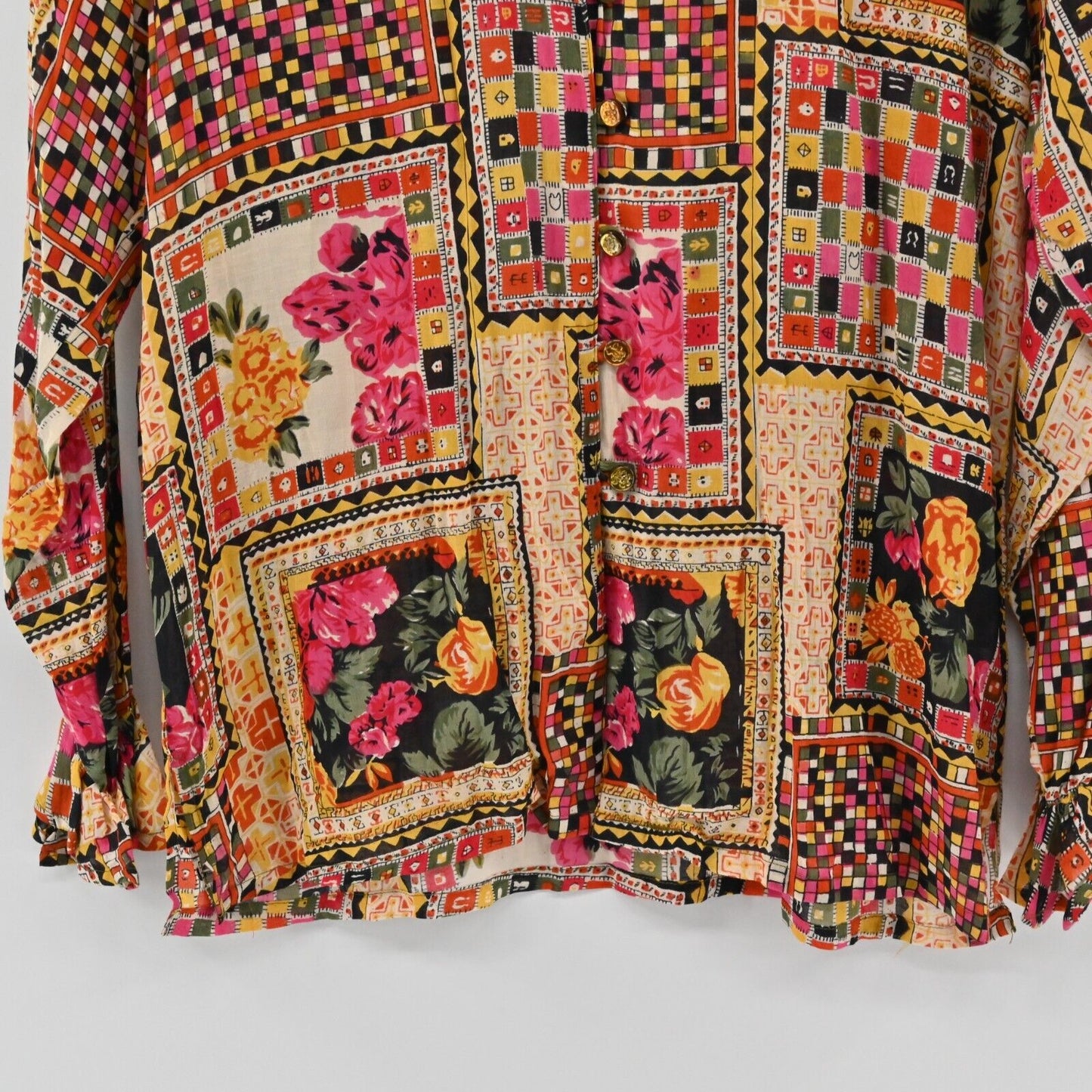 Vtg GITANO Top Womens Size S Patchwork Ruffle Long Sleeve Multicolor Blouse