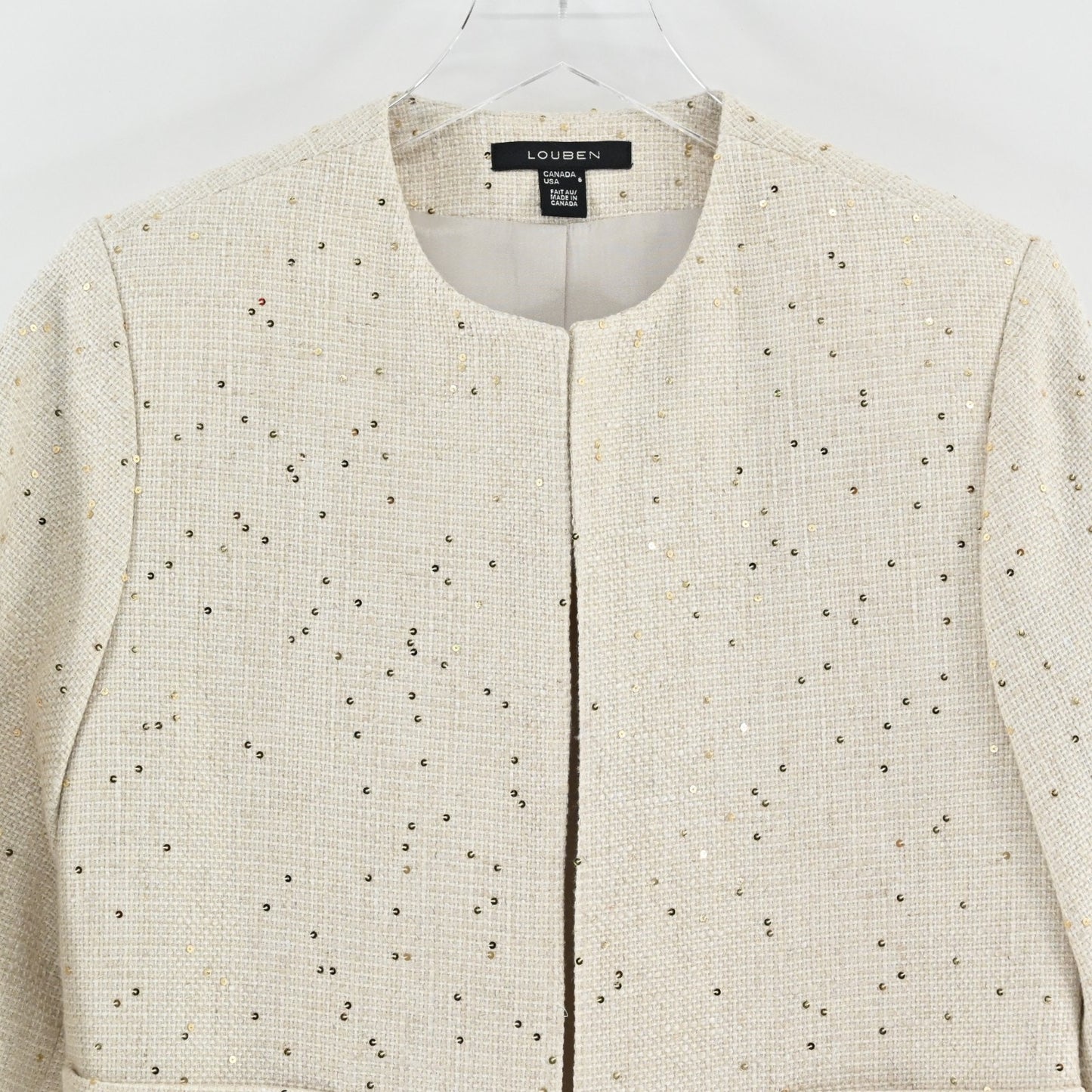 Louben Womens Ivory Gold Tweed Blazer Size 6 Linen Gold Sequin Retro Glam Jacket