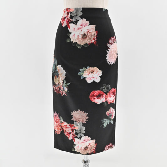 ZARA Skirt Size S Black Pink Multi Floral Print Midi Straight Pencil Stretch
