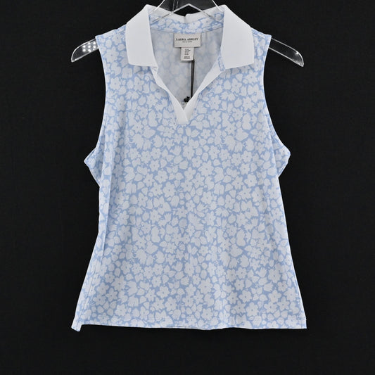 Laura Ashley Womens Polo Shirt Top Size M Sleeveless Blue Floral Golf Tennis