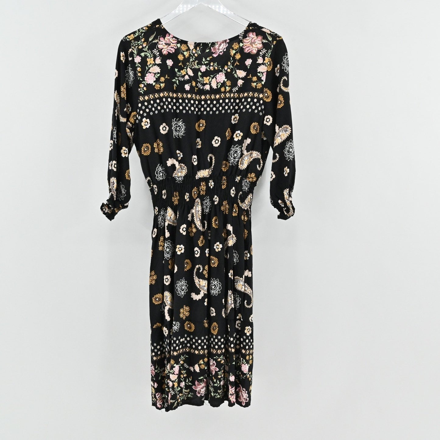 Anthropologie Kindred Floral Paisley Dress Size L Bohemian Smocked Waist Black