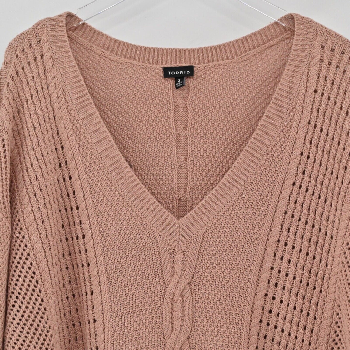 TORRID Sweater Women Sz 3X Pink Metallic Wool Blend Cable Knit Dolman 3/4 Sleeve