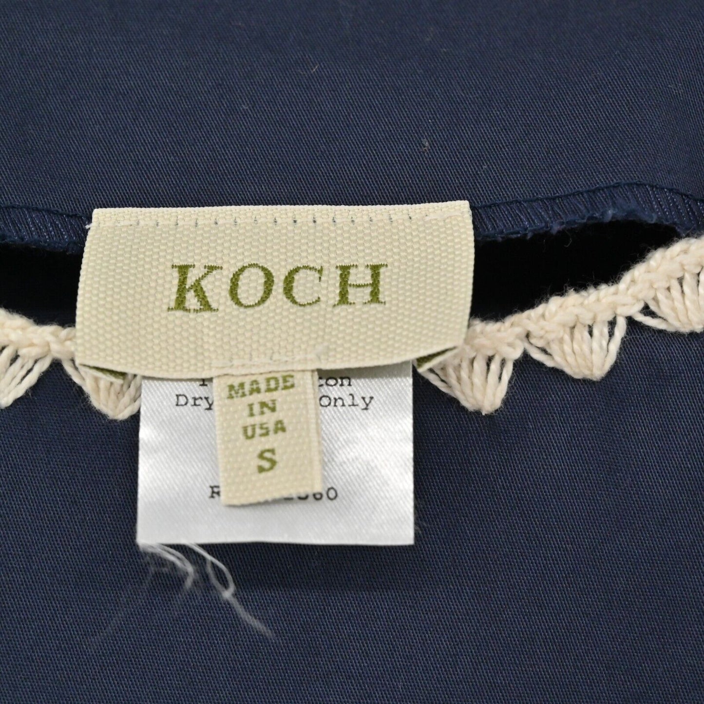 KOCH Dress Sz S Embroidered Trim Navy Long Sleeve Cotton Poplin Cottagecore Boho