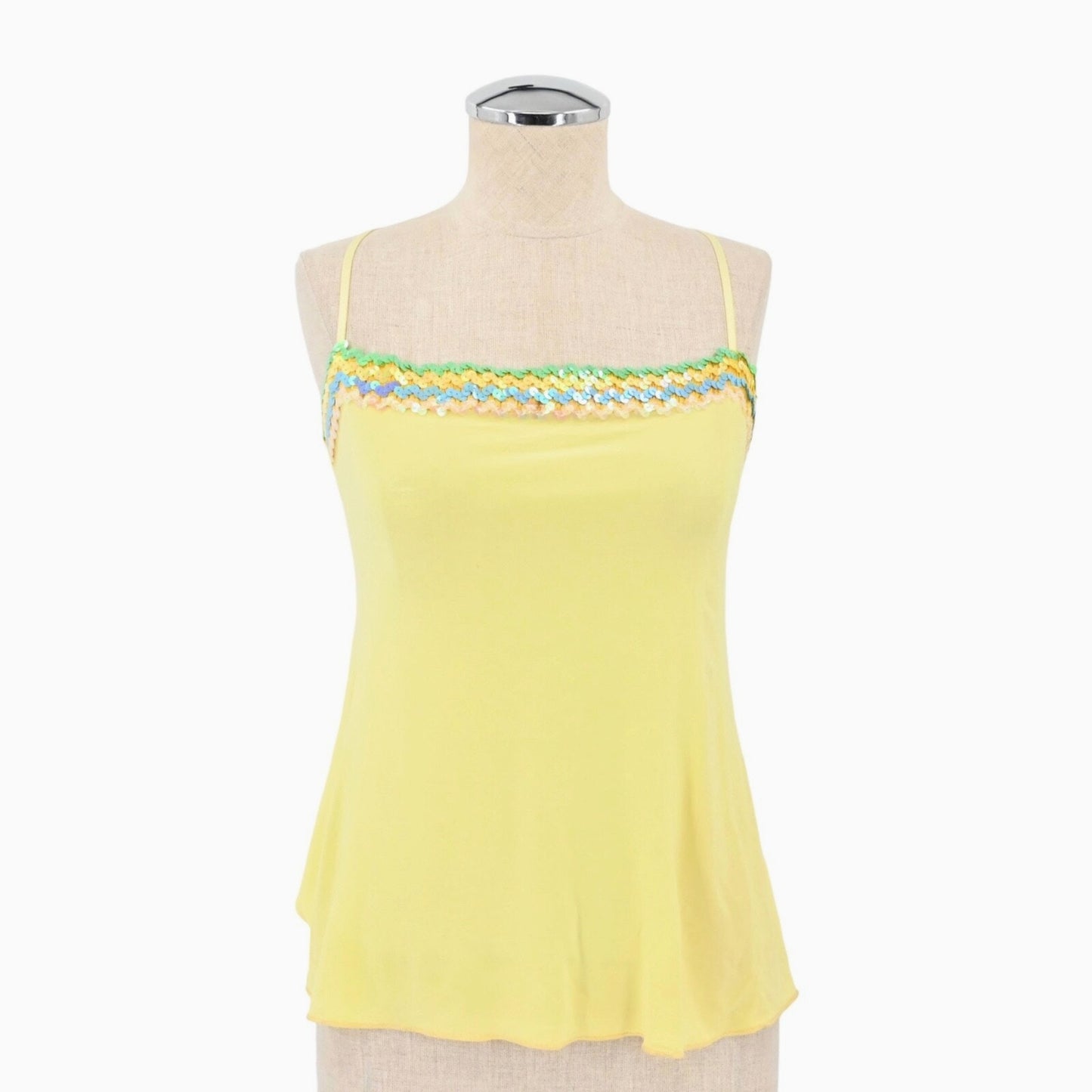 Vtg Babydoll Top Womens Sz M Yellow Sequin Trim Pastels Bling Festival Y2k USA