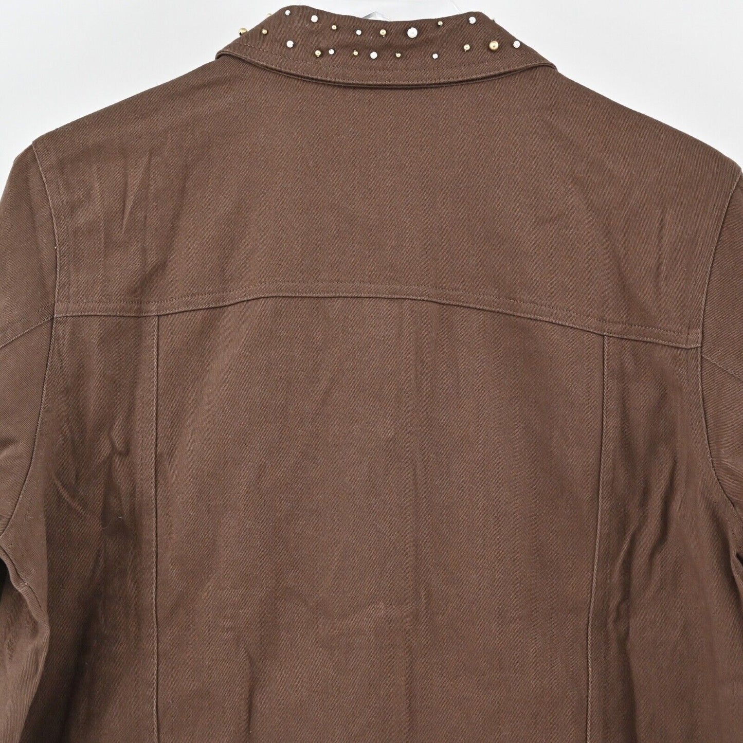 QUACKER FACTORY Denim Jacket Womens Sz M Brown Rhinestone Beaded Blinged Western