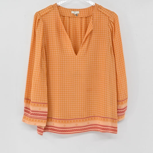 JOIE Womens 100% Silk Top Size M Orange Amy Scarf Print V Neck Long Sleeve Boho