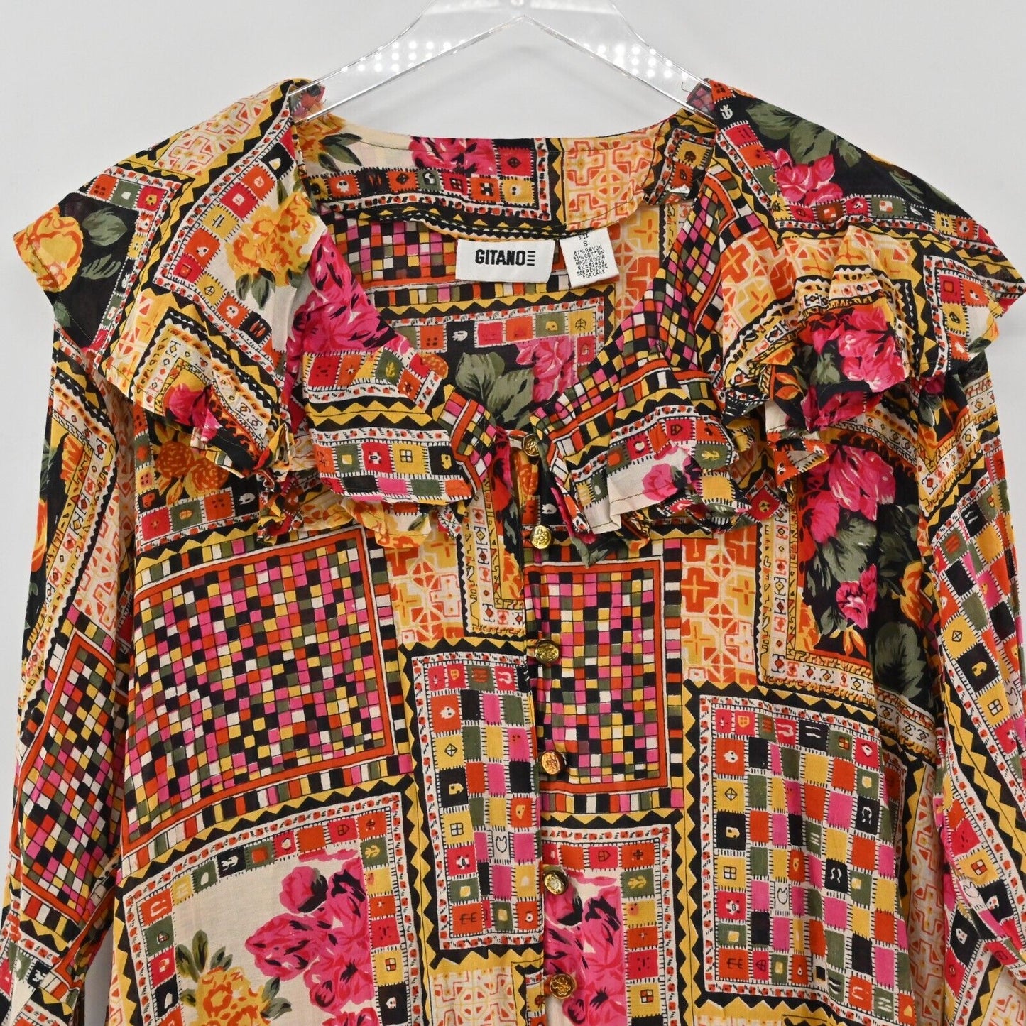 Vtg GITANO Top Womens Size S Patchwork Ruffle Long Sleeve Multicolor Blouse
