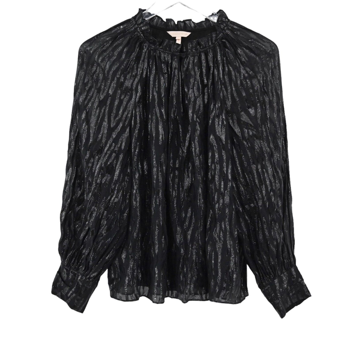 REBECCA TAYLOR Top Womens Sz 4 Black Metallic Safari Silk Ruffle Balloon Sleeves