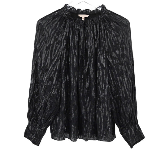 REBECCA TAYLOR Top Womens Sz 4 Black Metallic Safari Silk Ruffle Balloon Sleeves