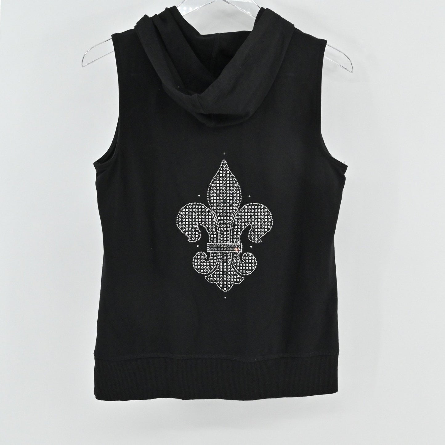 Vtg Christine Alexander Womens Rhinestone Hoodie Size M Fleur de Lis Sleeveless