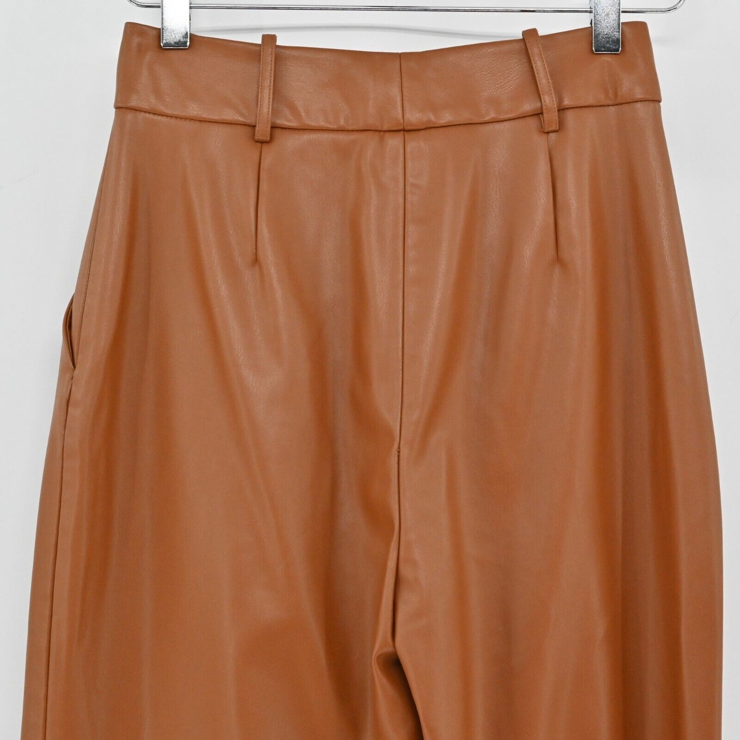 ZARA Pants Womens Size XS Brown Faux Leather High Rise Button Fly Straight Leg