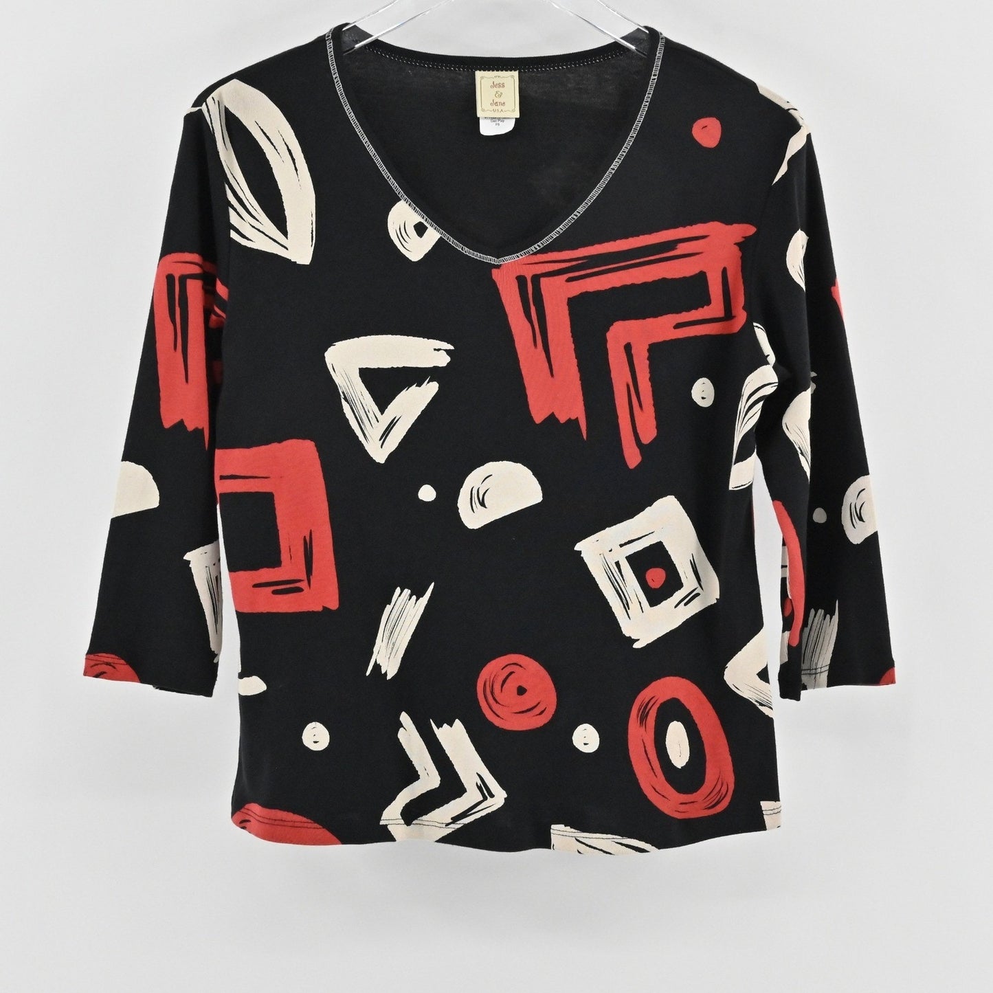 Jess Jane Womens Geo Play Top Size S Petite Art to Wear 3/4 Sleeve Geometric