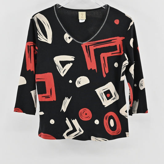 Jess Jane Womens Geo Play Top Size S Petite Art to Wear 3/4 Sleeve Geometric