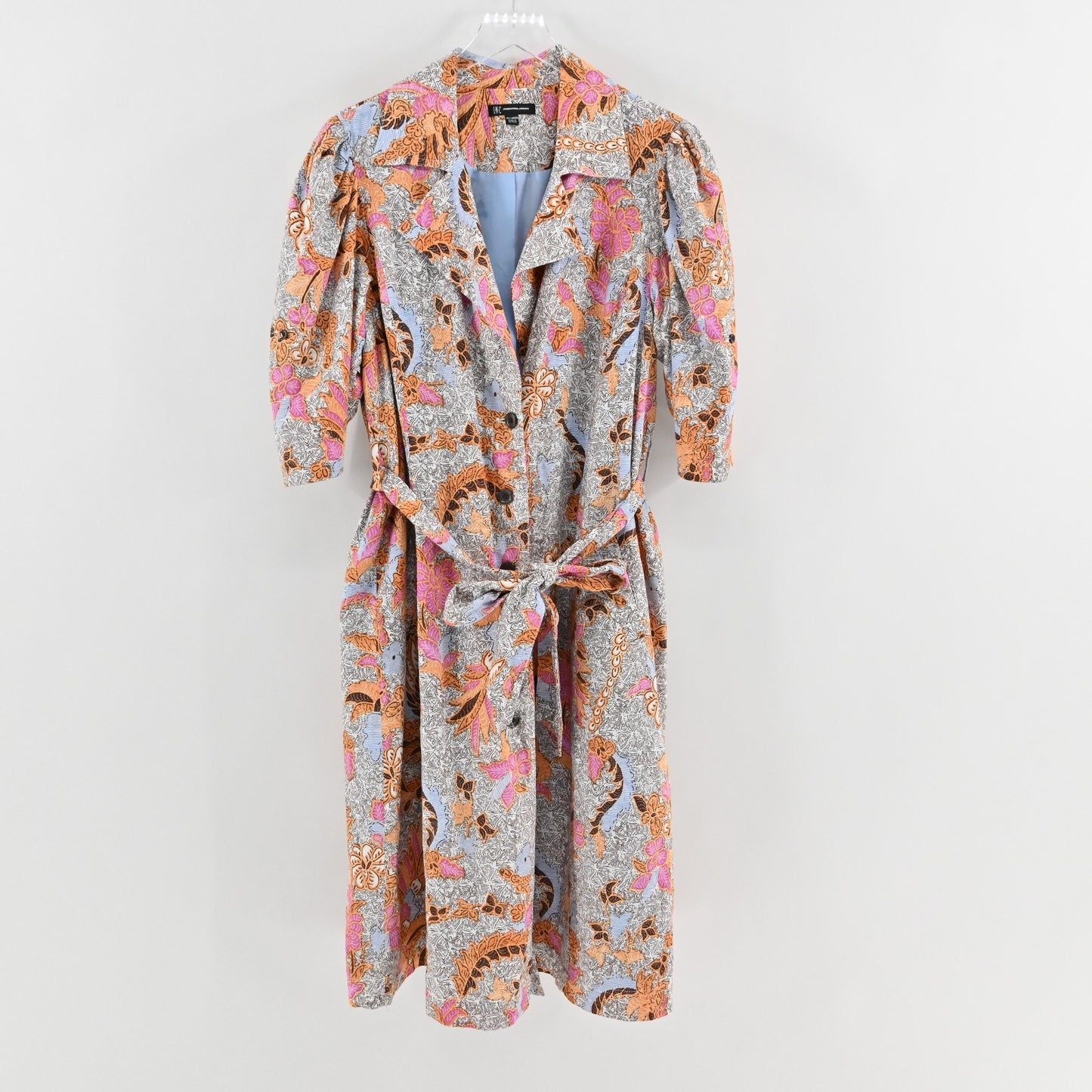 INC Floral Print Belted Midi Dress Size XXL Linen Paisley Duster Lined Boho Puff