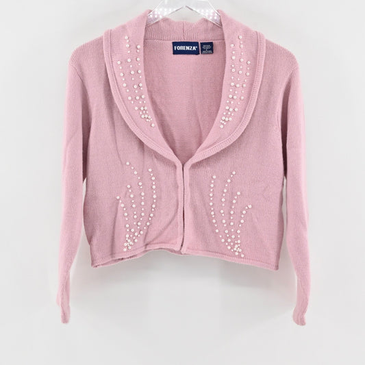 Vtg Y2k Forenza Womens Pink Cropped Cardigan Sweater Size L Pearl Beaded Detail