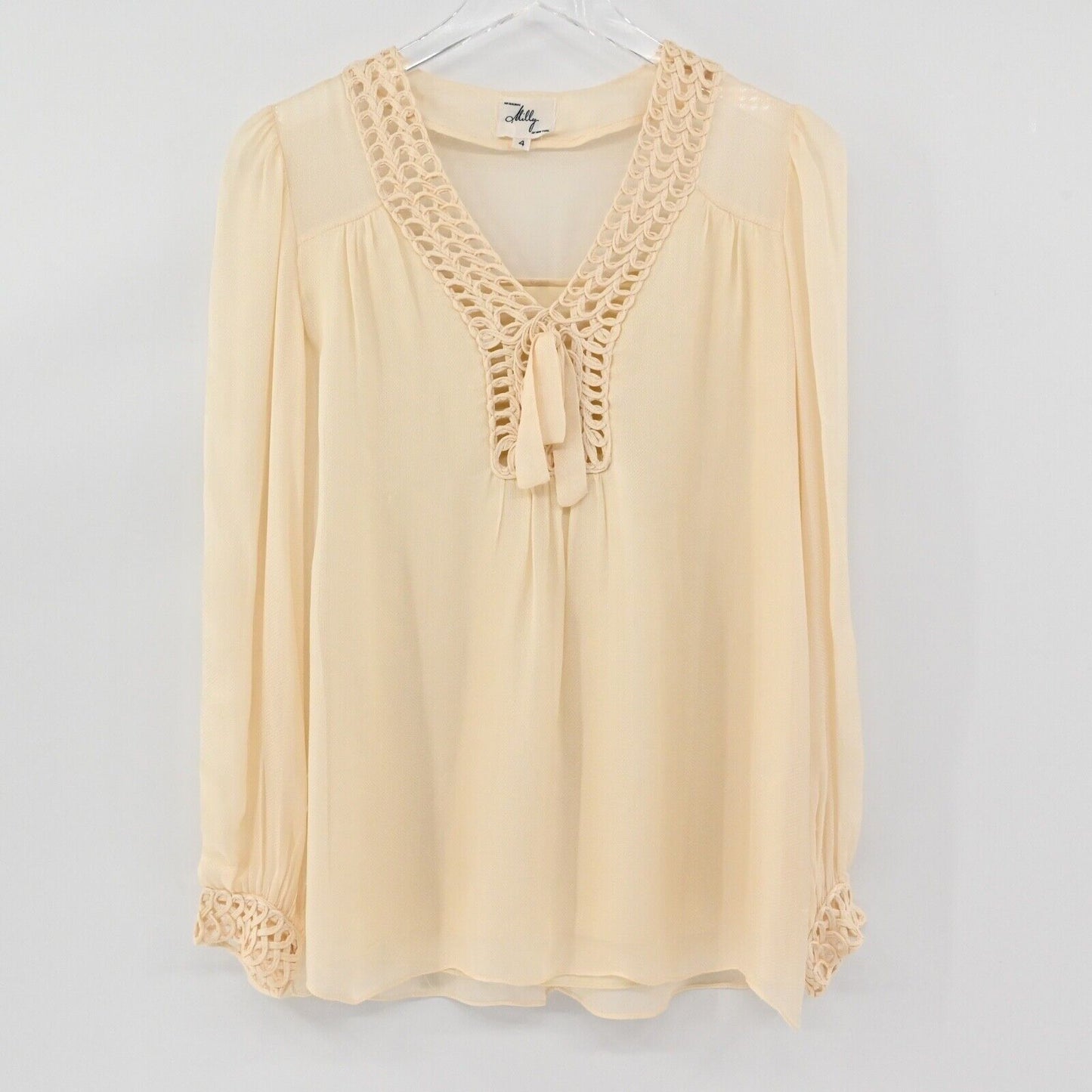 Vtg MILLY Top Womens Sz 4 Cream 100% Silk Eyelet V Neck Balloon Sleeve Retro USA