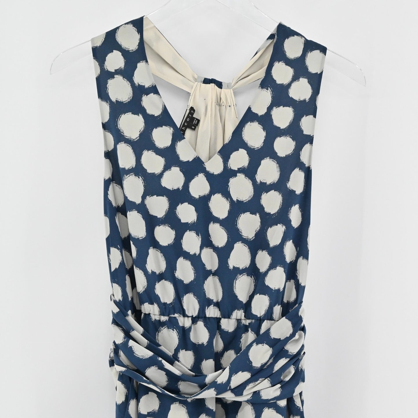 THEORY Womens Ruchia Silk Dress Size 6 Ikat Dot Sleeveless Blue Cream Stretch