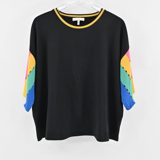 KNITSS Top Womens Size L Didi Knit Black Multicolor Rainbow Stripe Sleeve Shirt