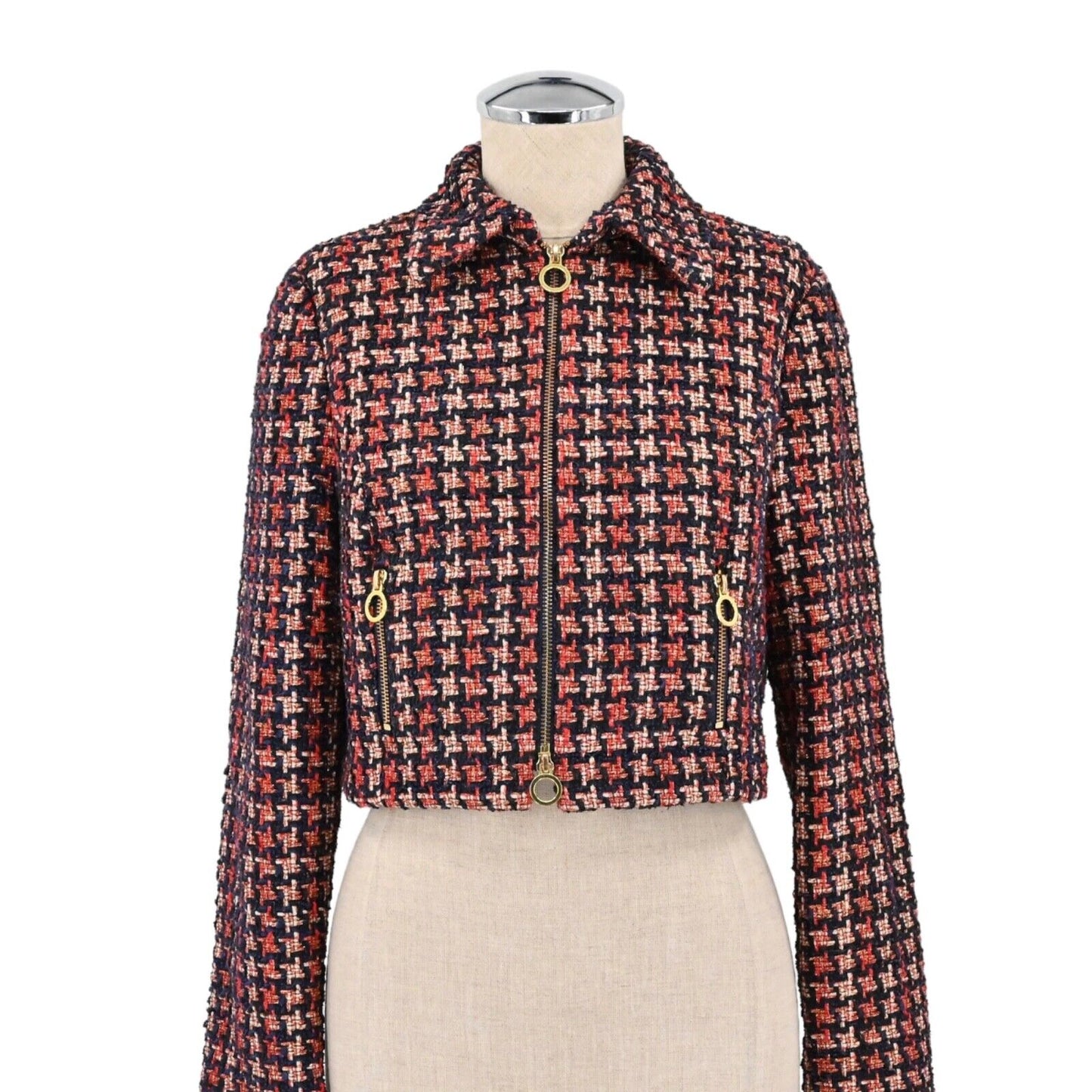 JILL JILL STUART Blazer Womens Size 4 Cropped Tweed Jacket Houndstooth Plaid Zip