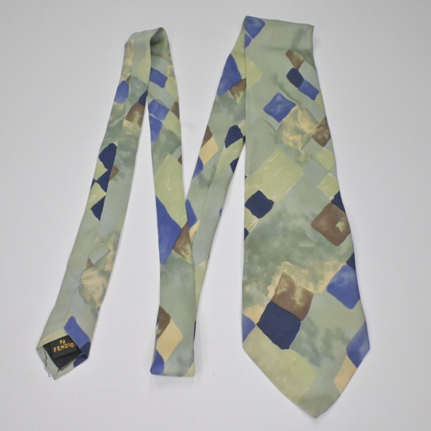 Vtg FENDI Dress Tie Mens Silk Made In Italy Geometric Watercolor Green Blue 80s