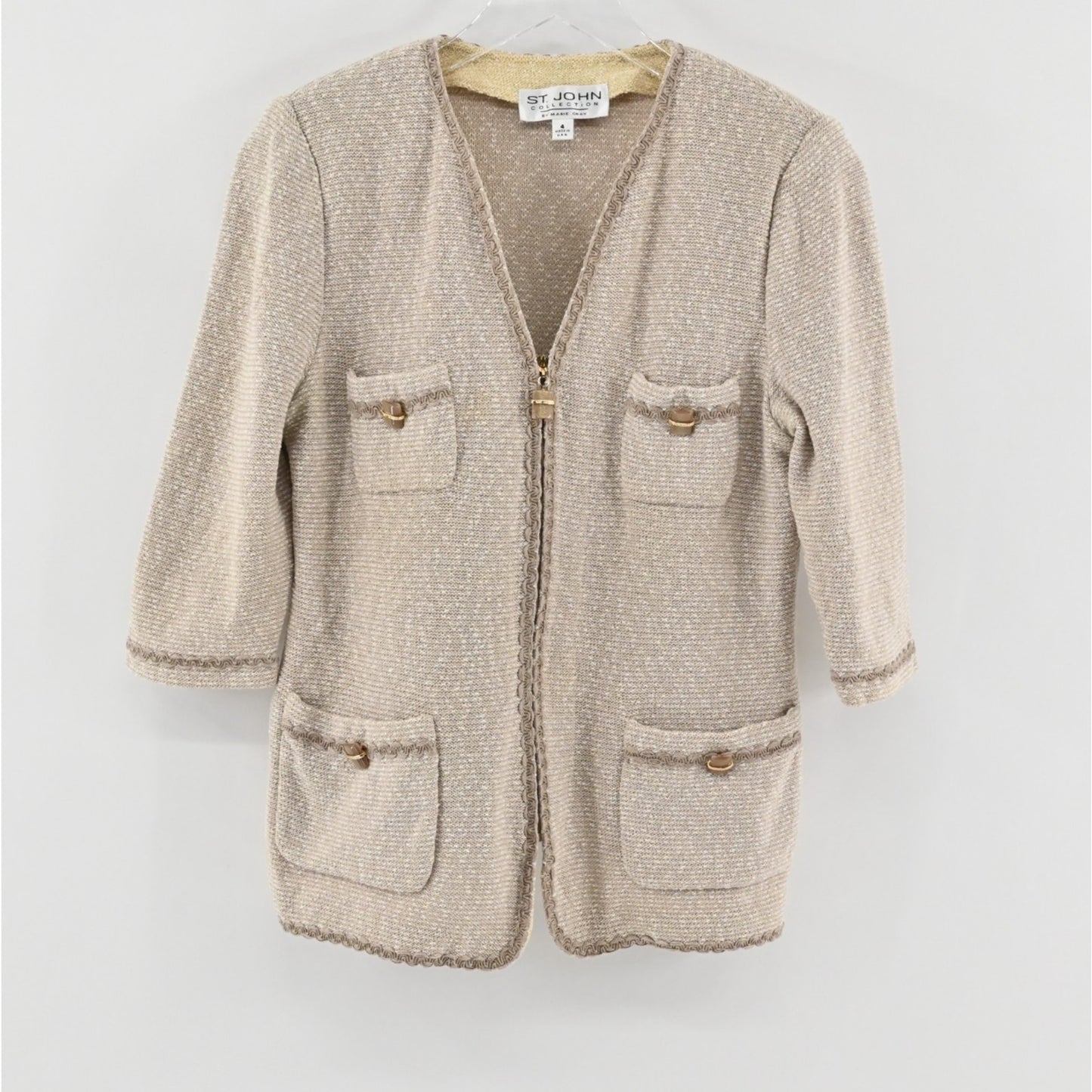 Vtg ST JOHN Womens Santana Knit Jacket Size 4 Tan Beaded Zip Up Blazer Dog Show