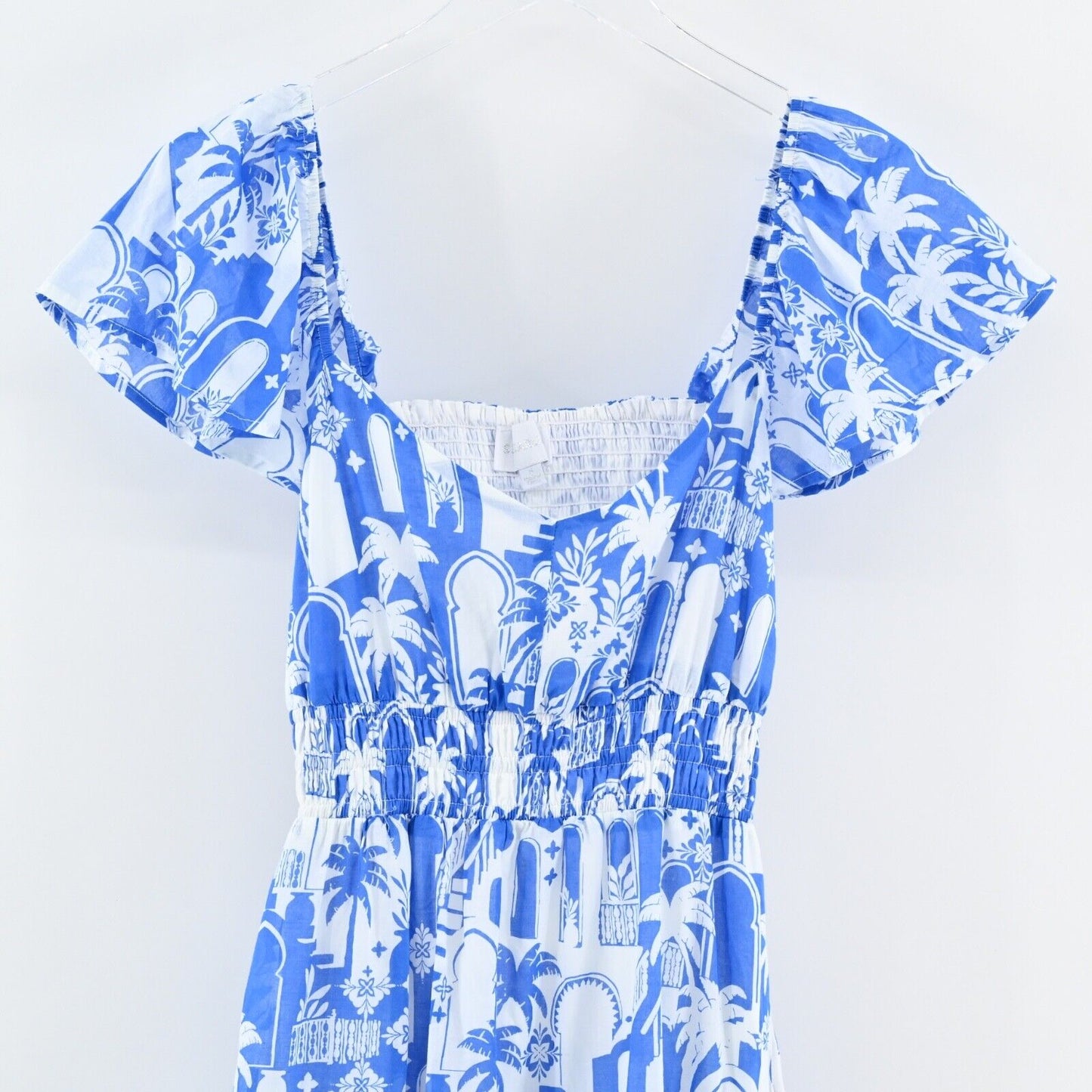 SUGARLIPS Dress Sz S Nala Maxi Blue Tropical Print Cotton Ruffle Flutter Sleeve