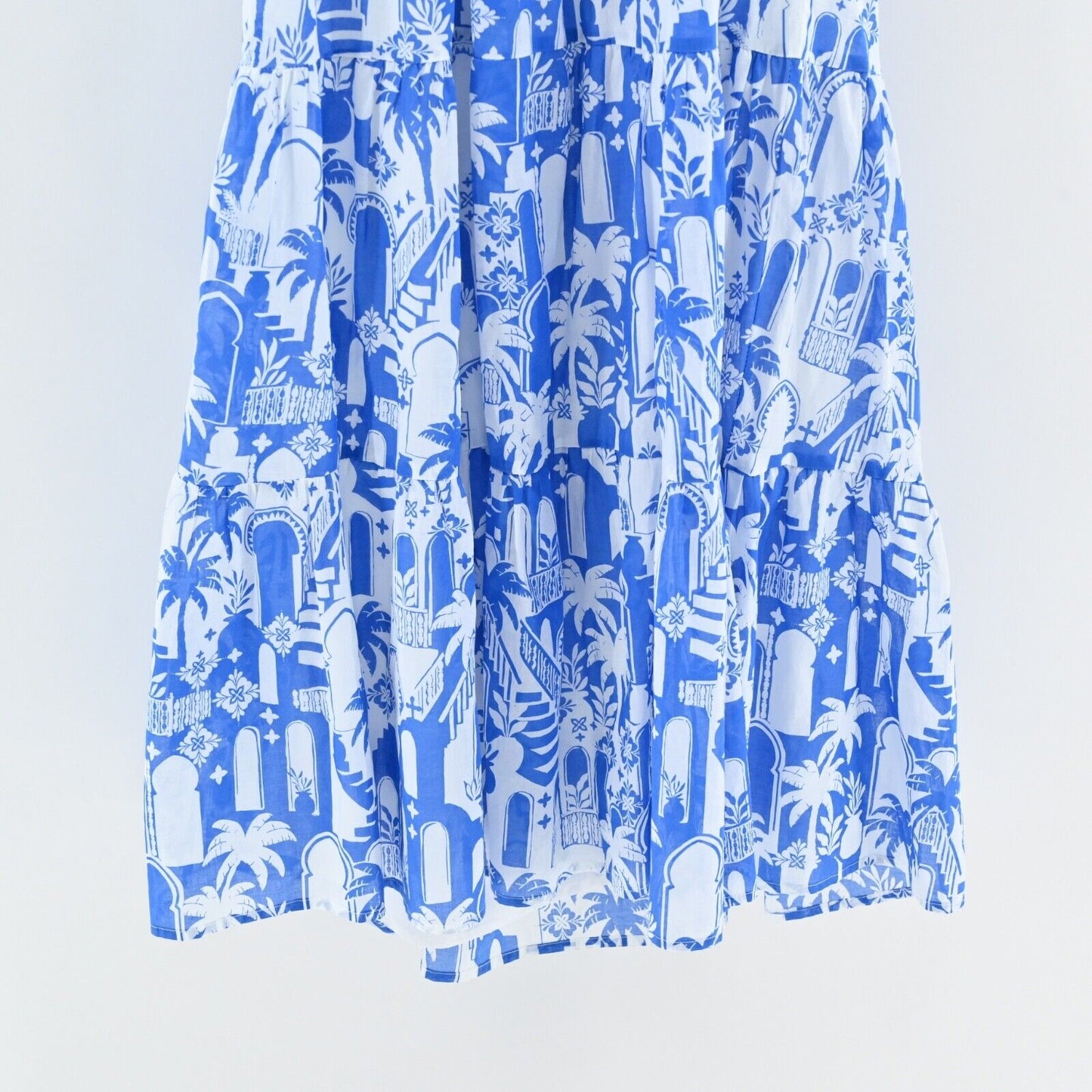 SUGARLIPS Dress Sz S Nala Maxi Blue Tropical Print Cotton Ruffle Flutter Sleeve
