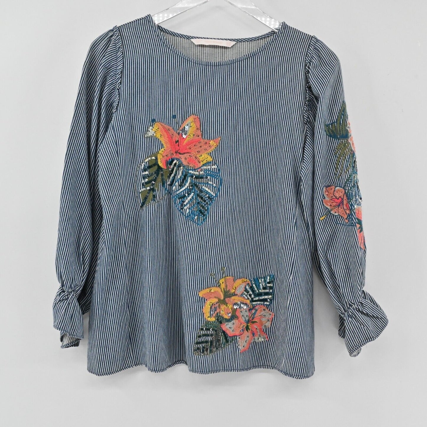 ZARA Top Womens Size XS Blouse Floral Embroidered Stripe Balloon Sleeve Denim