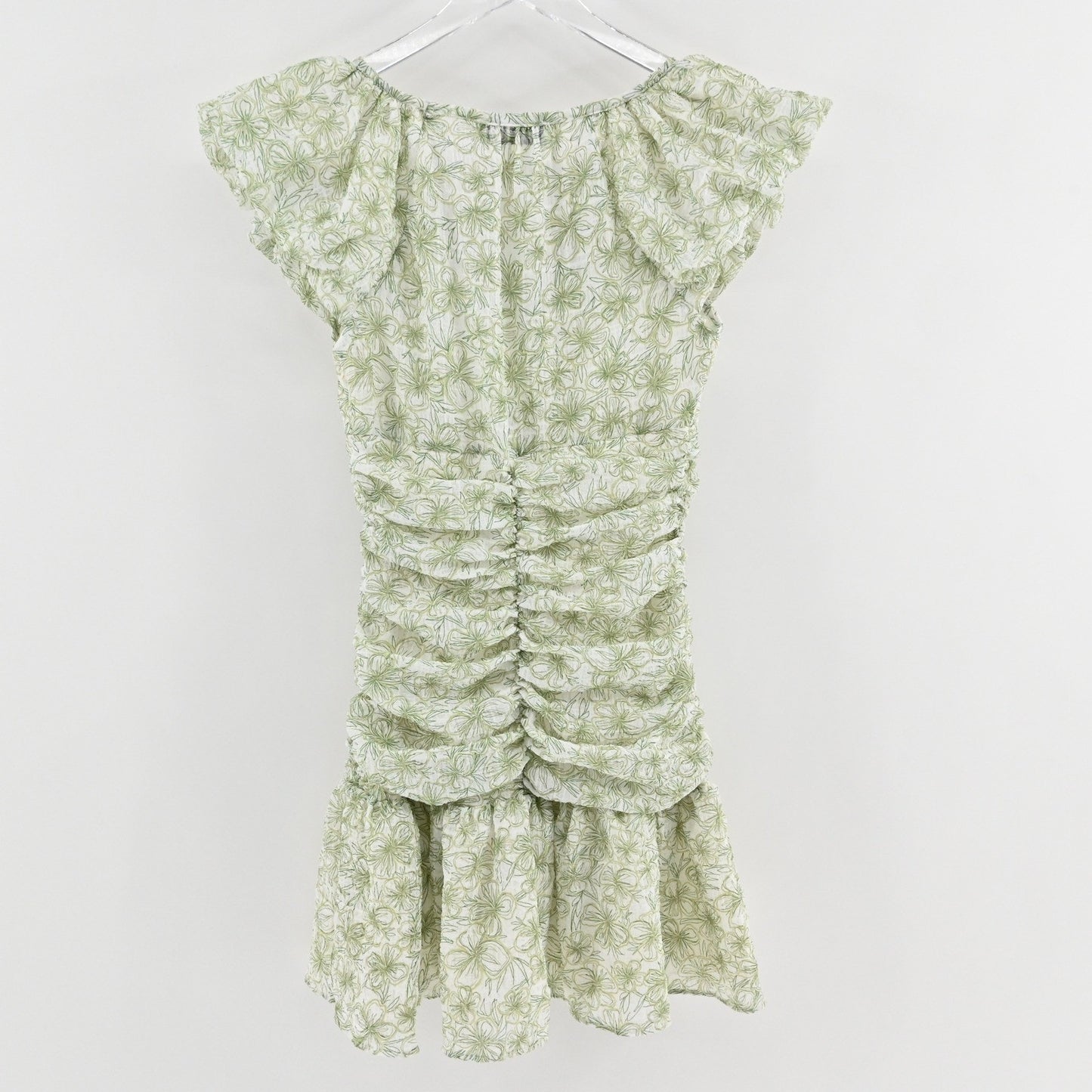En Saison Monique Ruched Floral Mini Dress Size S Romantic Green Puff Sleeve
