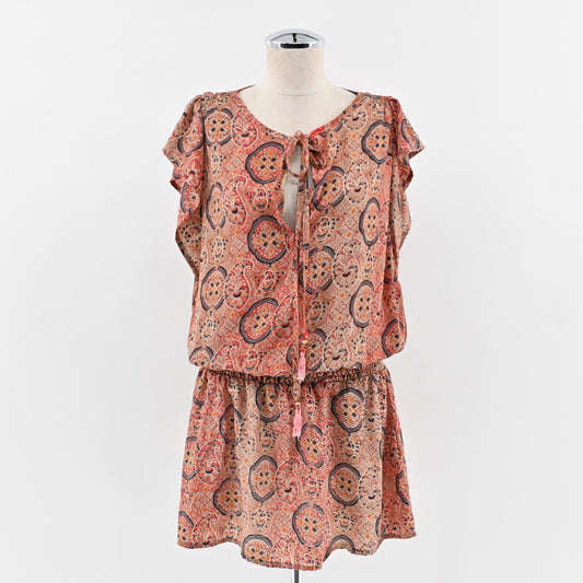 PERRY WALKER Dress Size XL Smocked Tie Front Paisley Print Tunic Mini Boho Retro