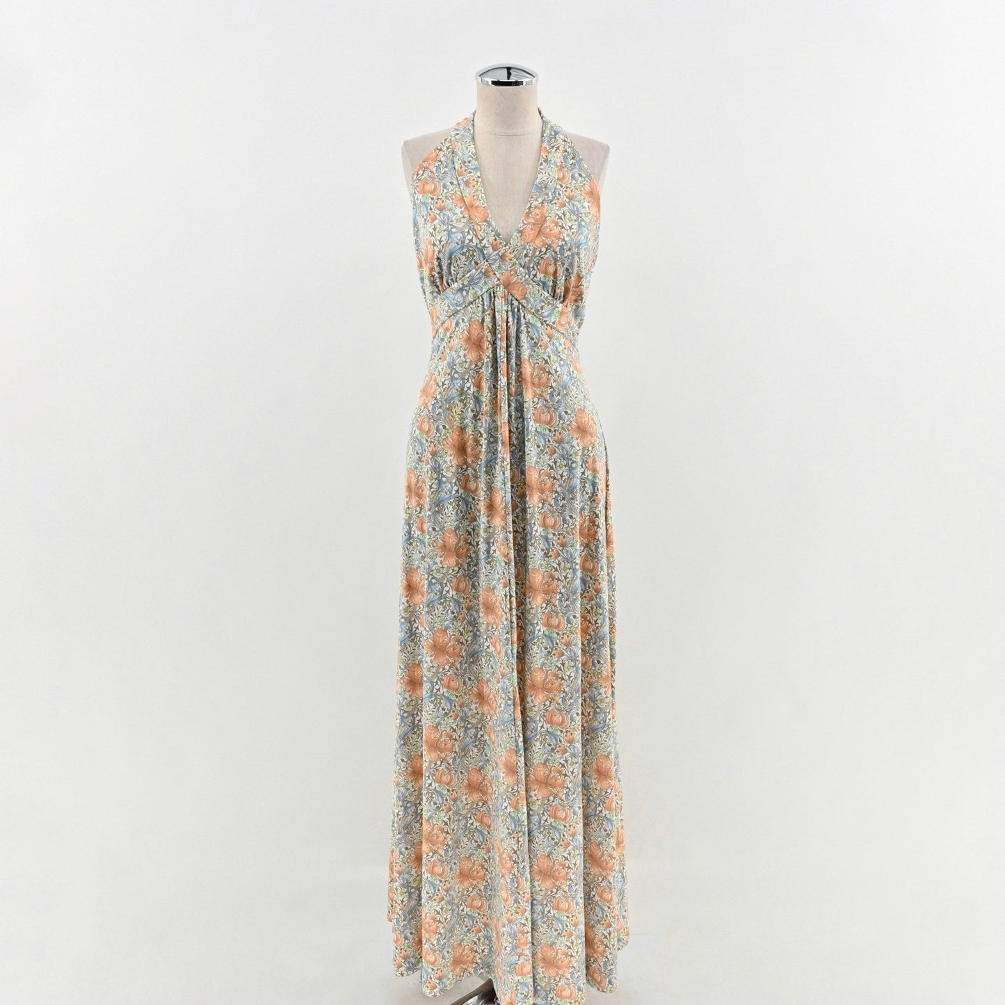 Vtg 70s Floral Halter Maxi Dress Size S Peach Blue Whimsical Bloomcore Feminine