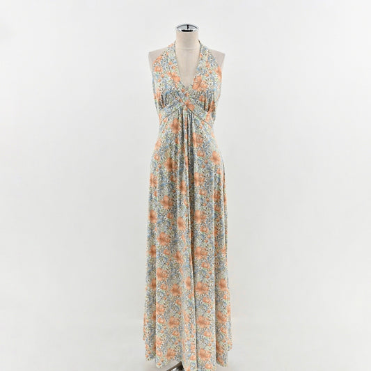 Vtg 70s Floral Halter Maxi Dress Size S Peach Blue Whimsical Bloomcore Feminine