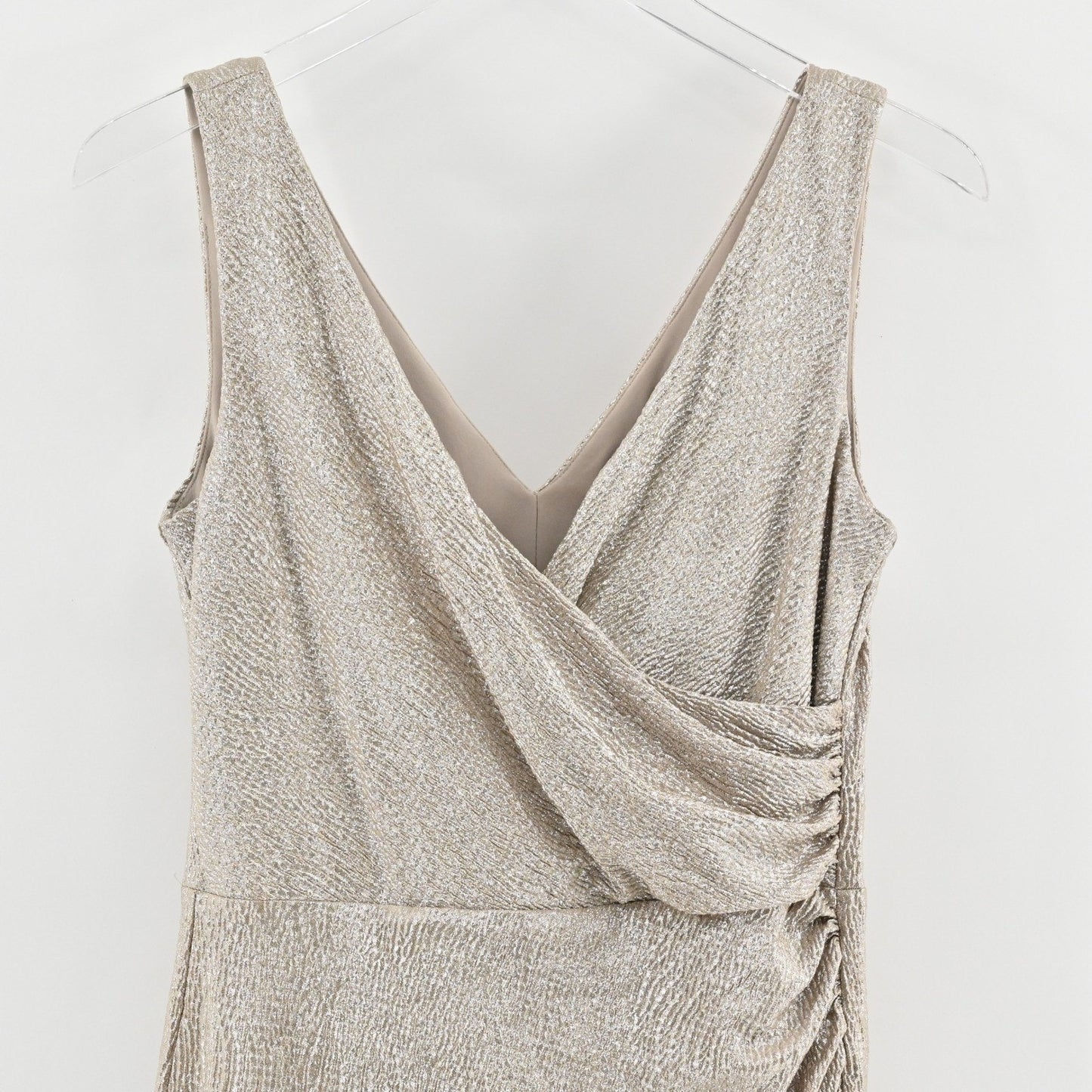 Ralph Lauren Metallic Faux Wrap Dress Size 10P Gold Sleeveless Sheath Cocktail
