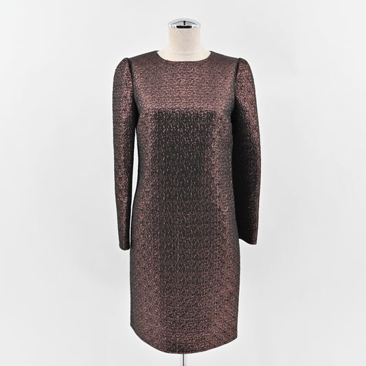 ARIANA ROCKEFELLER Dress Size 0 Black Copper Metallic Long Sleeve Silk Shift