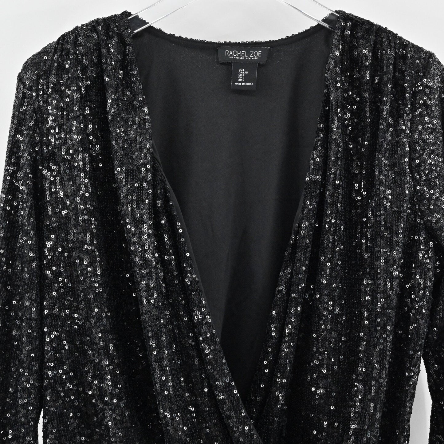 RACHEL ZOE Womens Sequin Bodysuit Size L Black V Neck Long Sleeve Glam Wrap Top