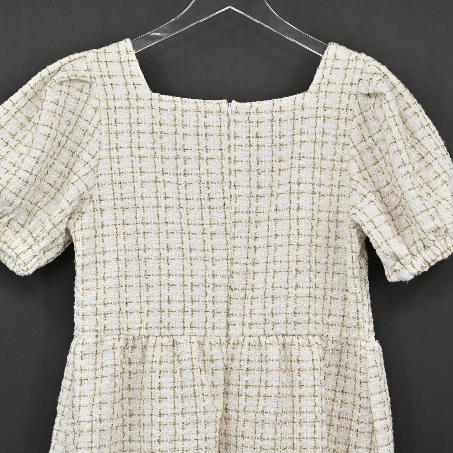 Simply Southern Tweed Puff Sleeve Dress Size M Square Neck Tiered Ivory Gold NEW