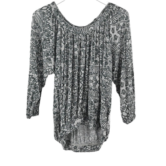 FREE PEOPLE Top Womens Size S Gray Bohemian Floral Distressed Peasant 3/4 Sleeve