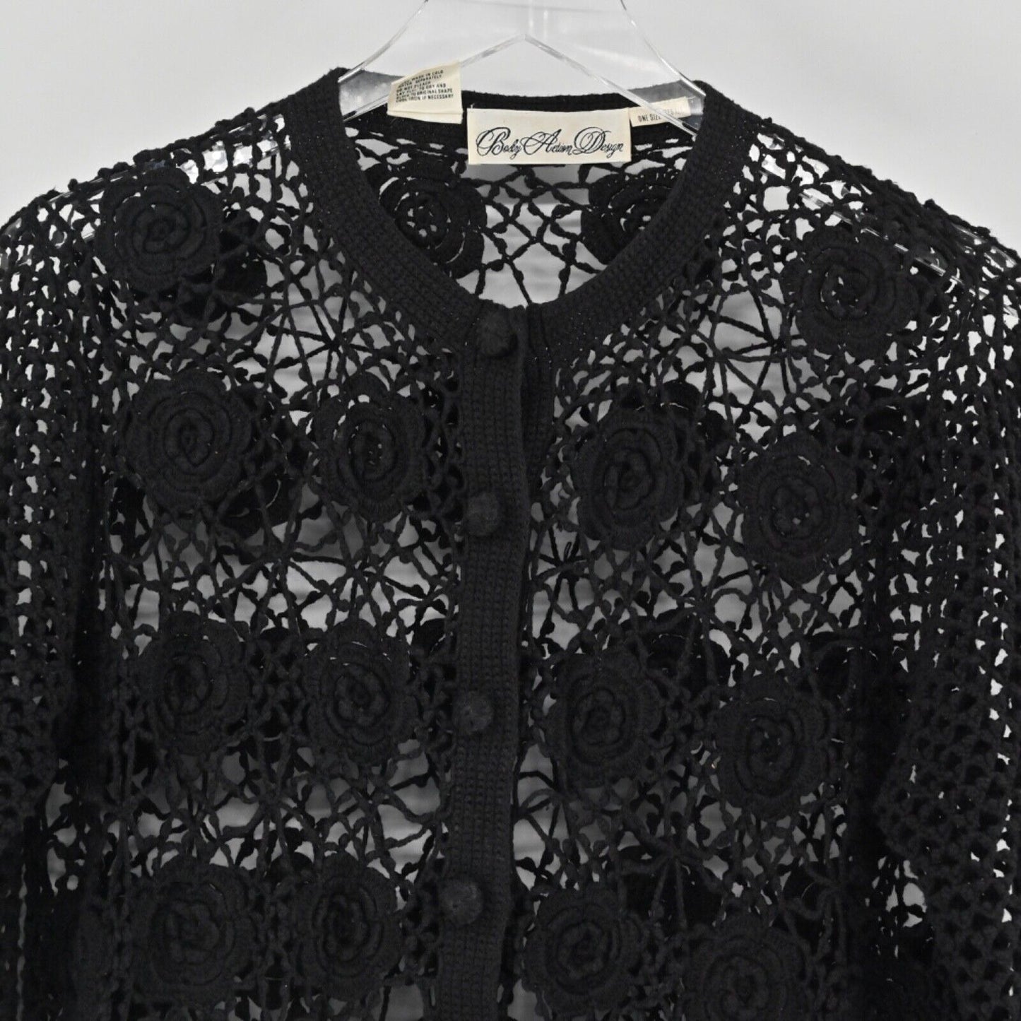 Vtg BODY ACTION DESIGN Cardigan Womens One Size Black Floral Crochet Cotton 90s