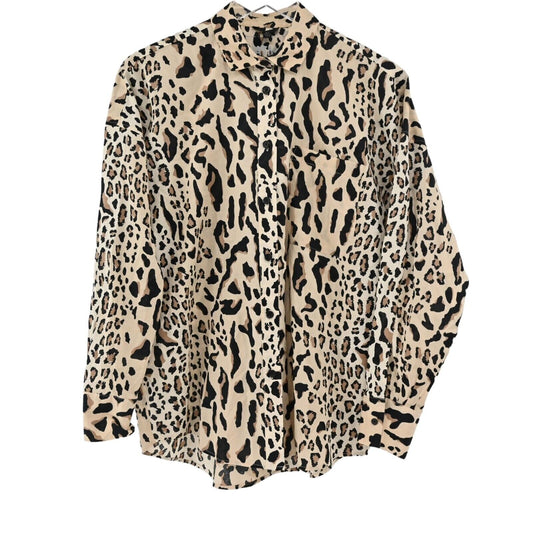 ATM Top Womens Sz S Brown Leopard Print 100% Cotton Button Up Long Sleeve Retro