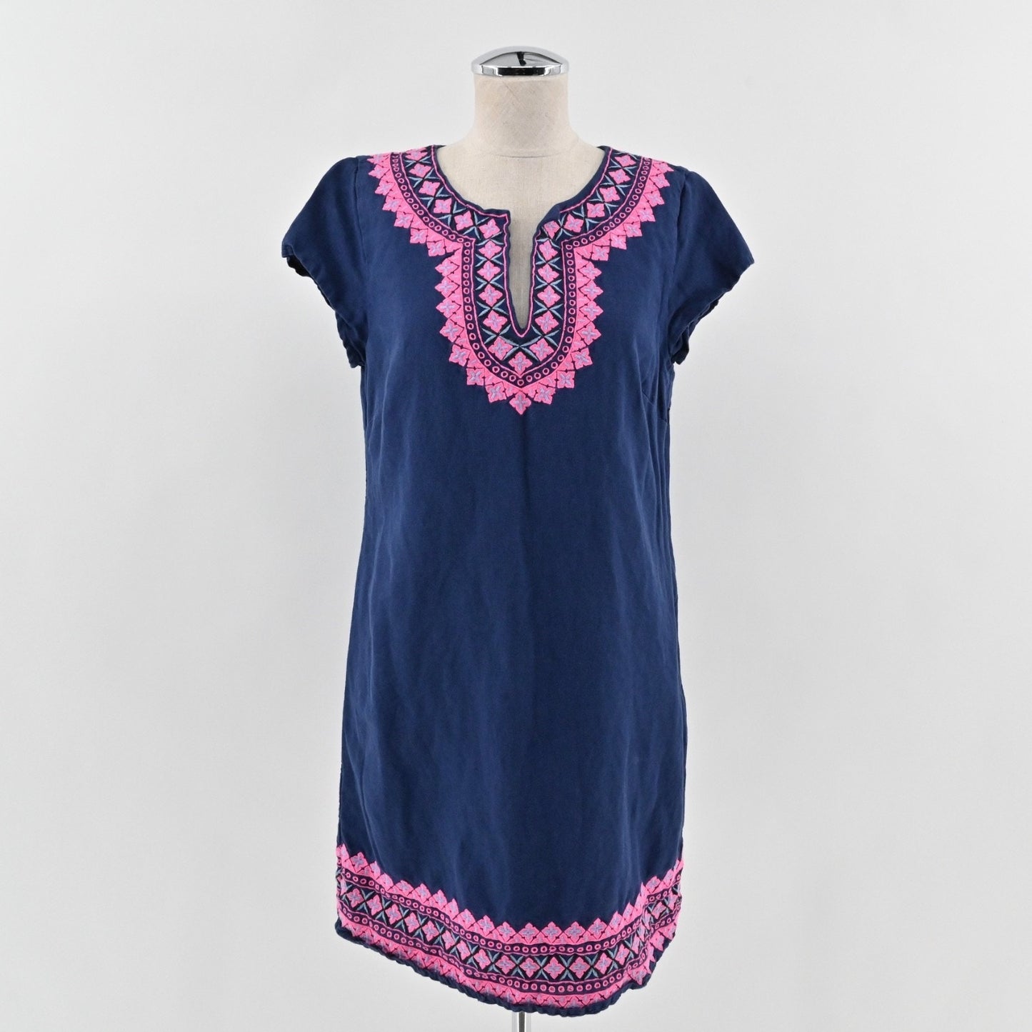 VINEYARD VINES Embroidered Tunic Shift Dress Size 6 Navy Blue Cotton Linen Boho