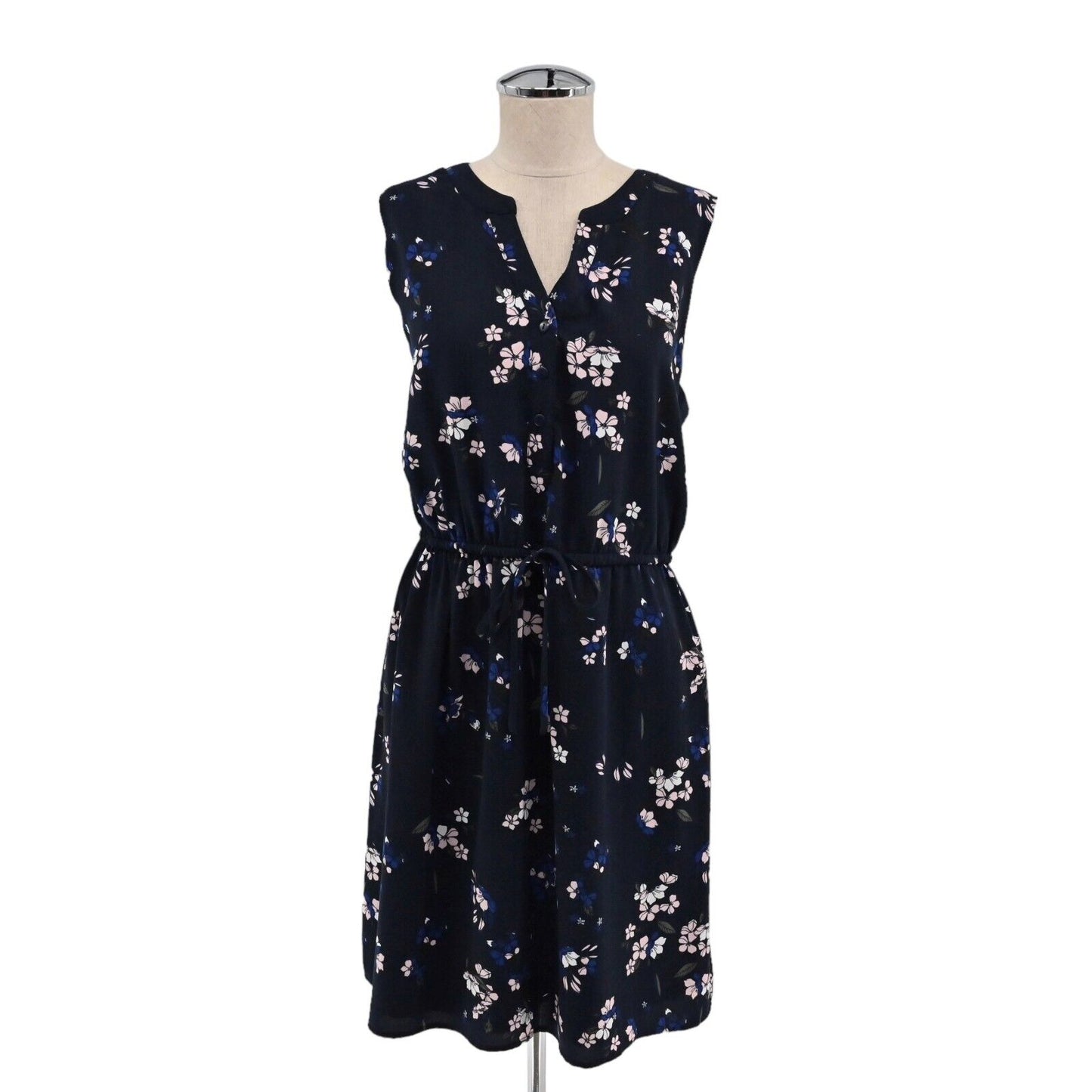 41 HAWTHORN Dress Womens Sz L Navy Blue Floral Sleeveless Tie Waist Claira Shirt