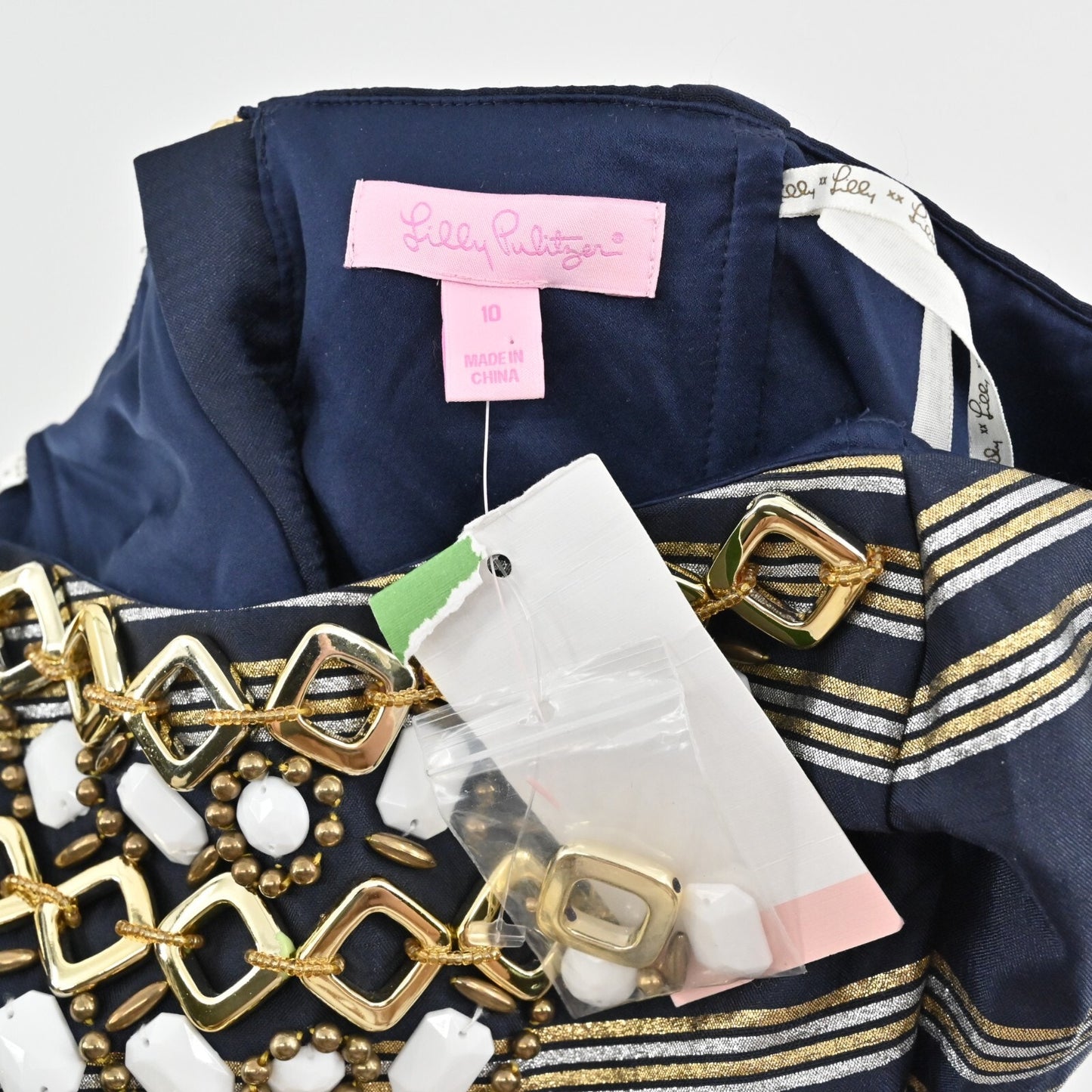 LILLY PULITZER Sami Dress Sz 10 Ryan Navy Metallic Stripe Embellished Strapless