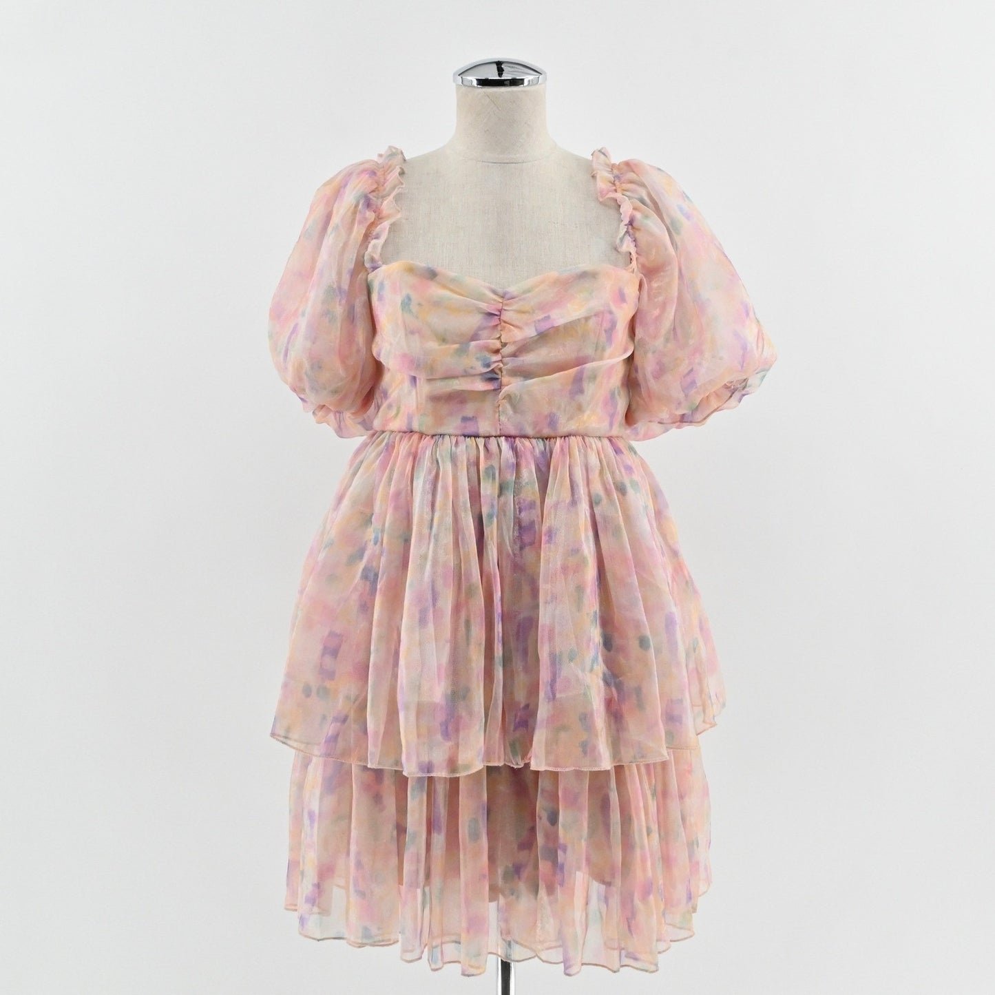 Maya Puff Sleeve Organza Mini Dress Size 8 Pastel Multi Floral Tiered Fairycore