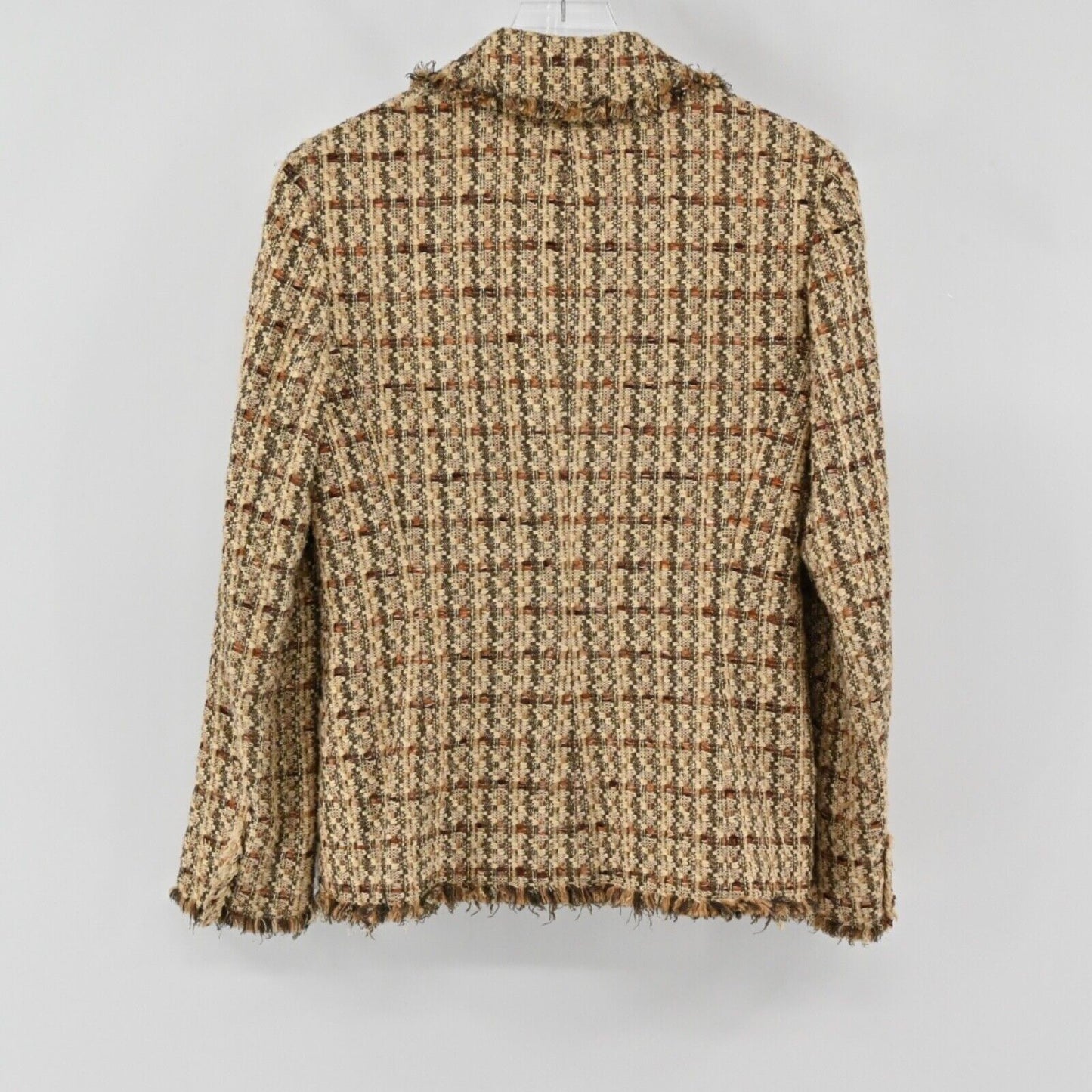 Vtg DANA BUCHMAN Jacket Womens Size 6 Brown Metallic Plaid Tweed Fringe Snap 00s