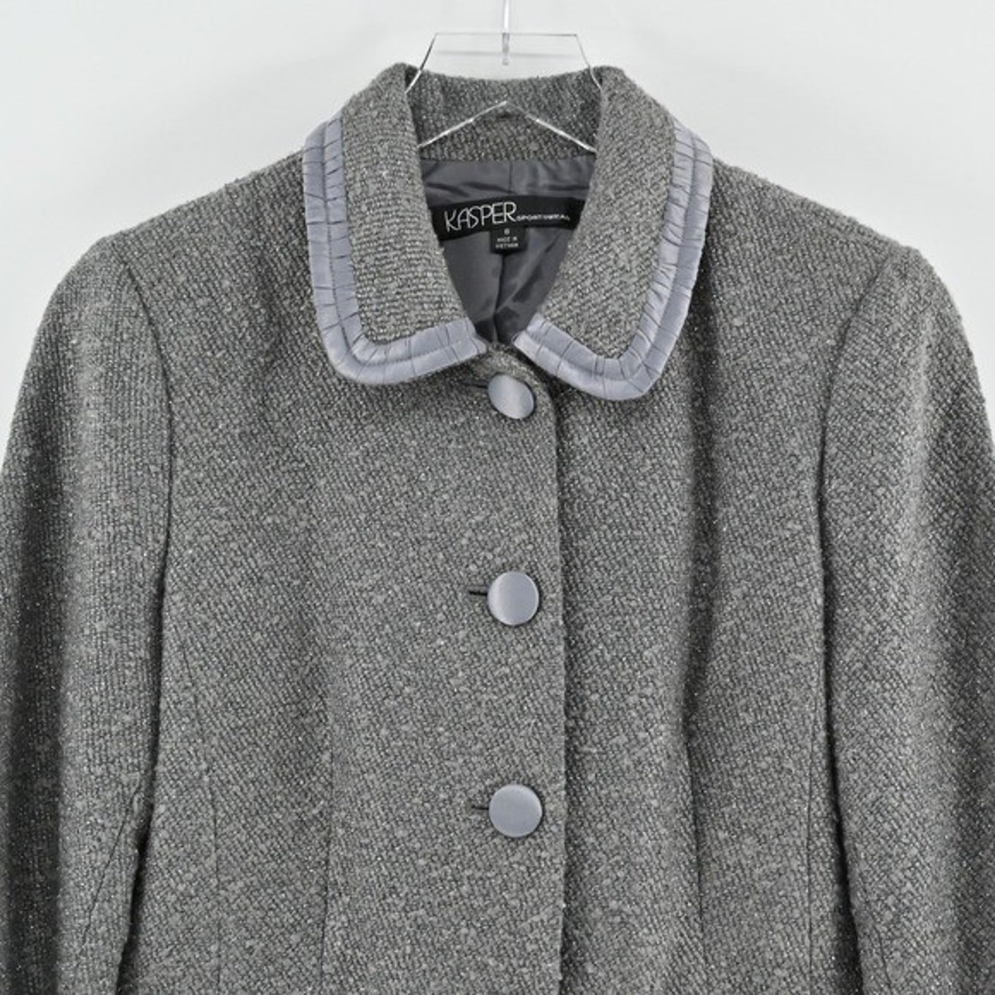 Vtg Kasper Womens Tweed Blazer Size 6 Gray Wool Metallic Career Business Jacket