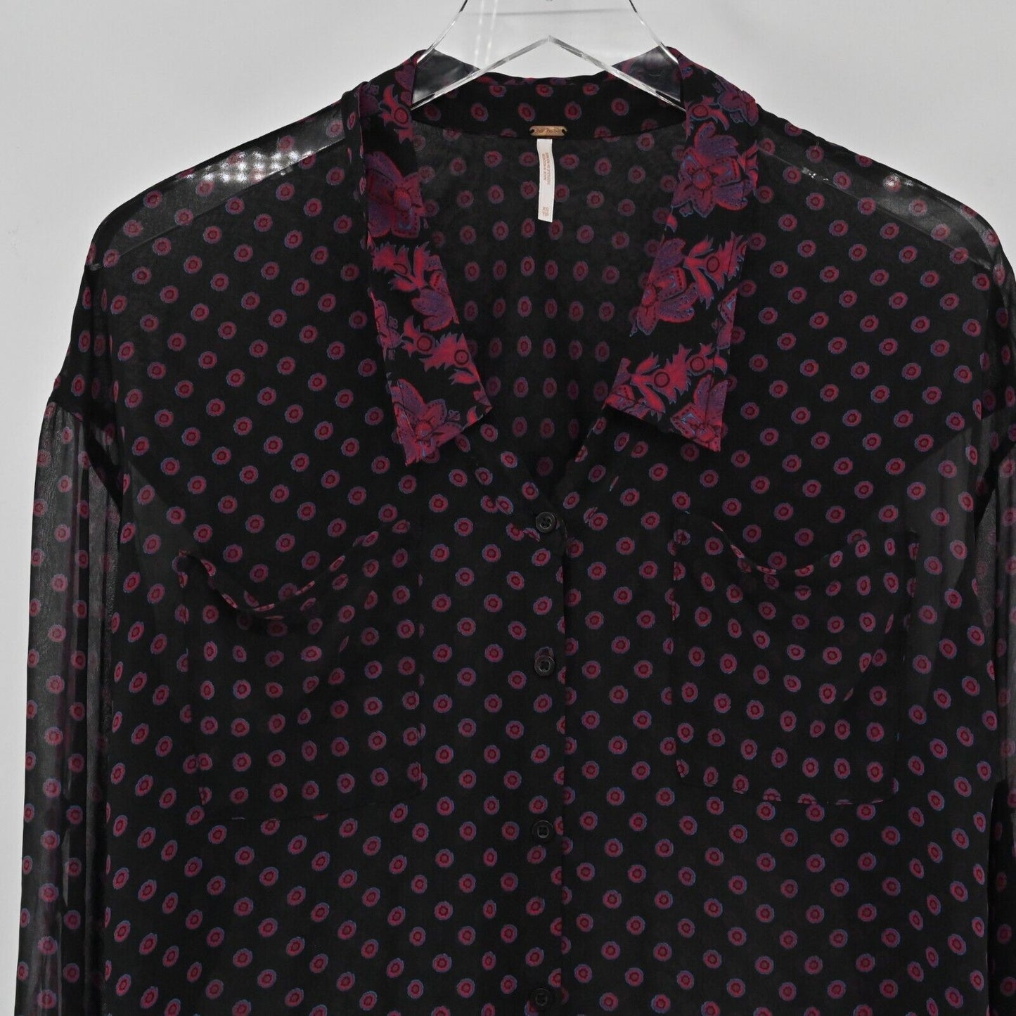 FREE PEOPLE Top Womens Size XS Easy Rider Button Down Blouse Black Combo Floral