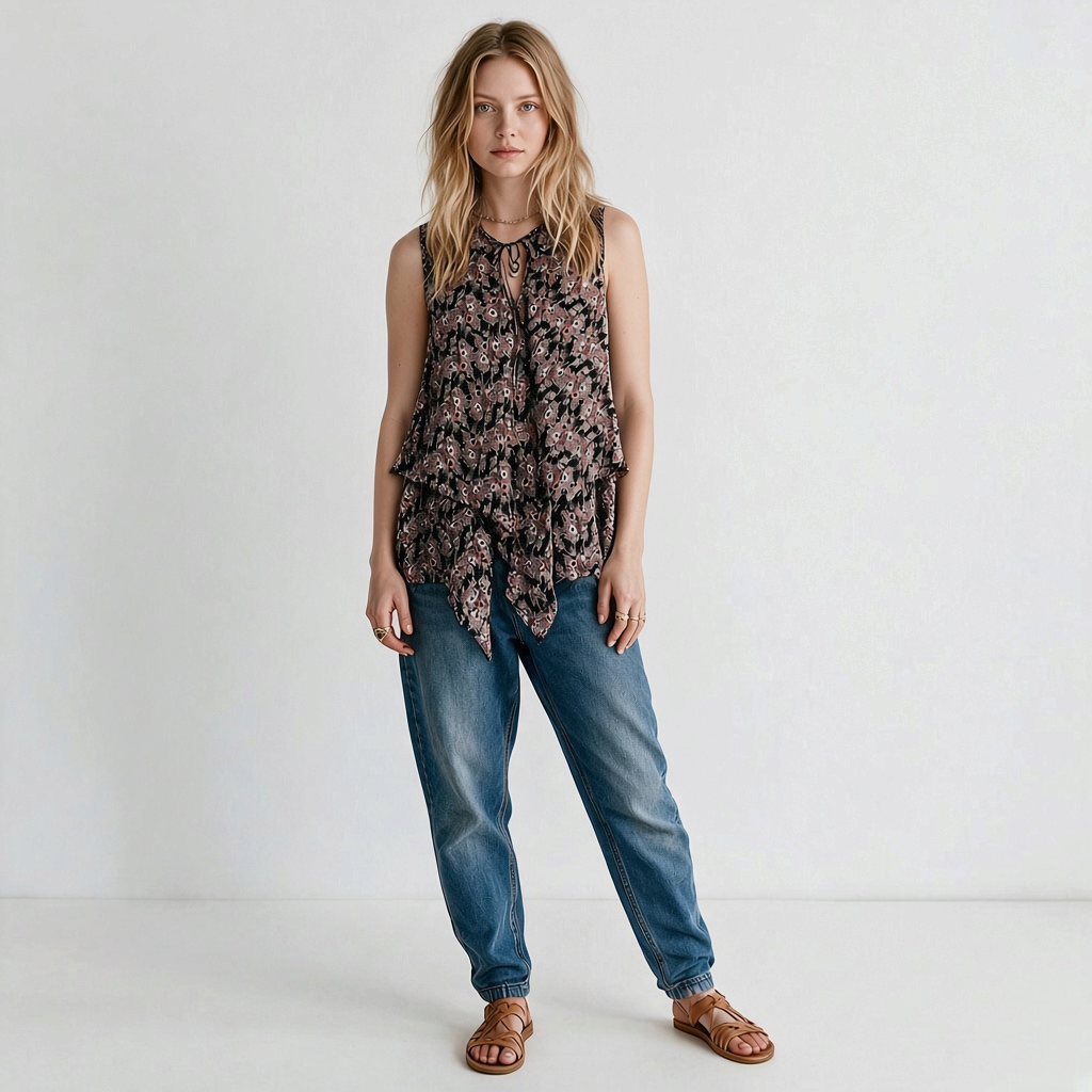 Lynn's Closet Boutique Derek Lam 10 Crosby sleeveless floral silk top with tiered ruffles and tie-neck on a model