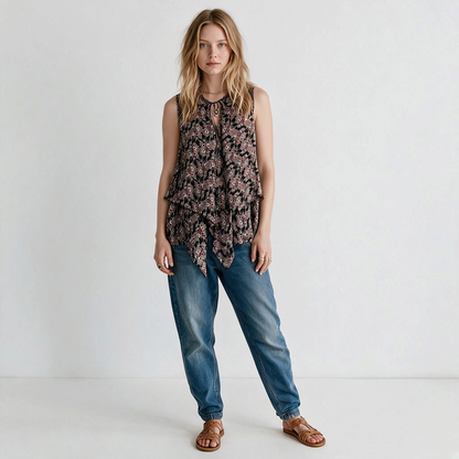 Lynn's Closet Boutique Derek Lam 10 Crosby sleeveless floral silk top with tiered ruffles and tie-neck on a model