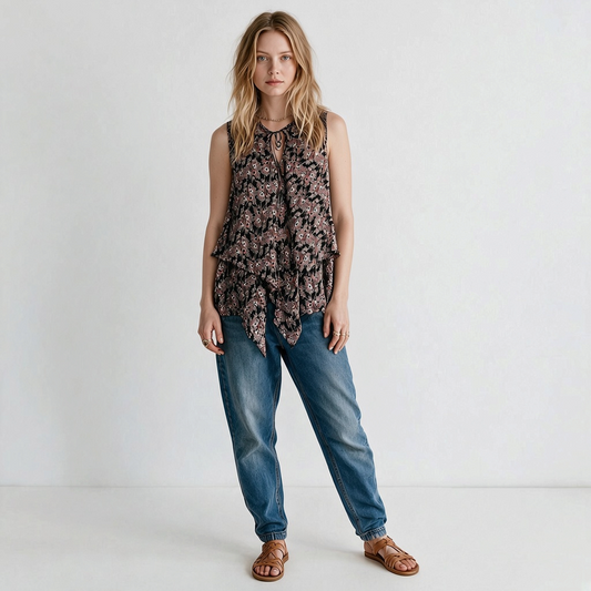 Lynn's Closet Boutique Derek Lam 10 Crosby sleeveless floral silk top with tiered ruffles and tie-neck on a model