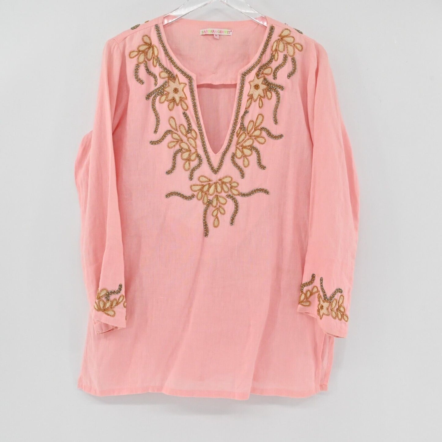 BARBARA GERWIT Top Womens Size M Linen Beaded Detail Pink Tunic Split VNeck